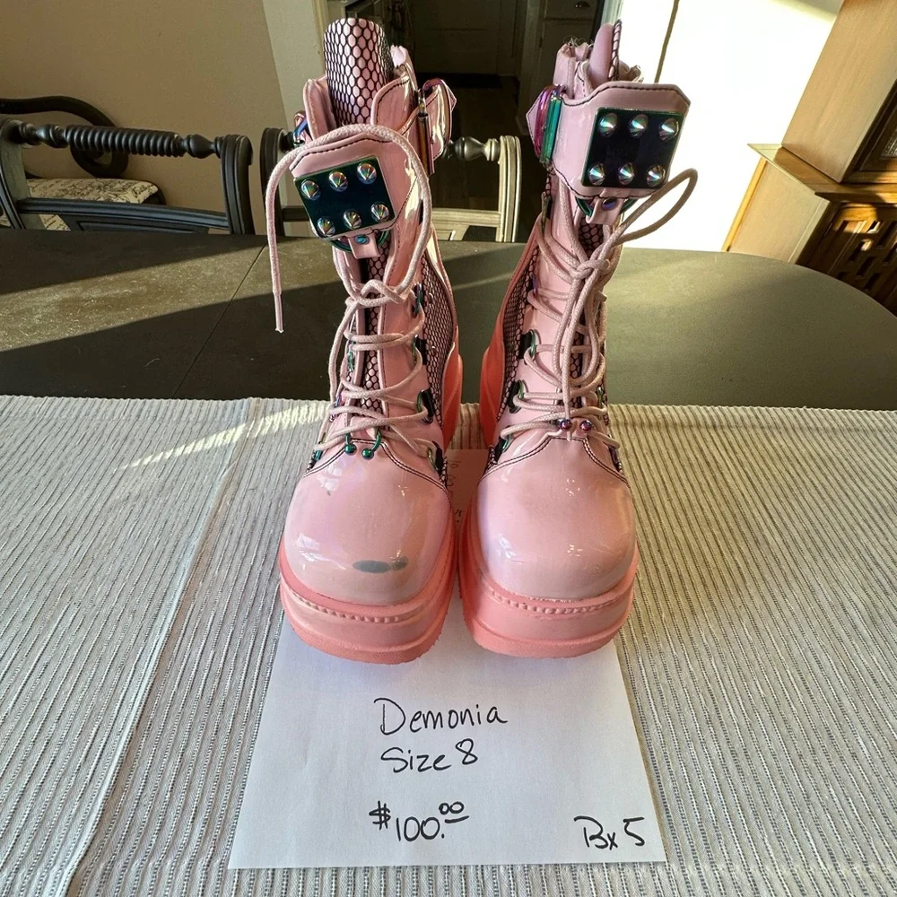 Demonia Pink Platform Combat Boots - Women's Chunky Lace-Up Boots - Picture 2 of 5